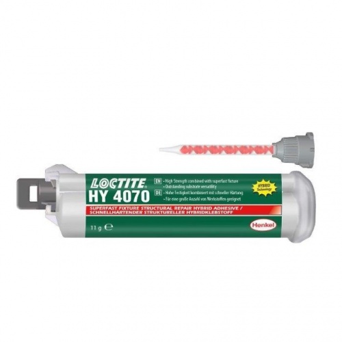 LOCTITE HY 4070 двухкомпонентный цианоакрилатный/акриловый гибридный гелеобразный клей, от мутно-бесцветного до желтоватого цвета, обеспечивающий быструю полимеризацию при комнатной температуре и заполнение зазоров до 5 мм.